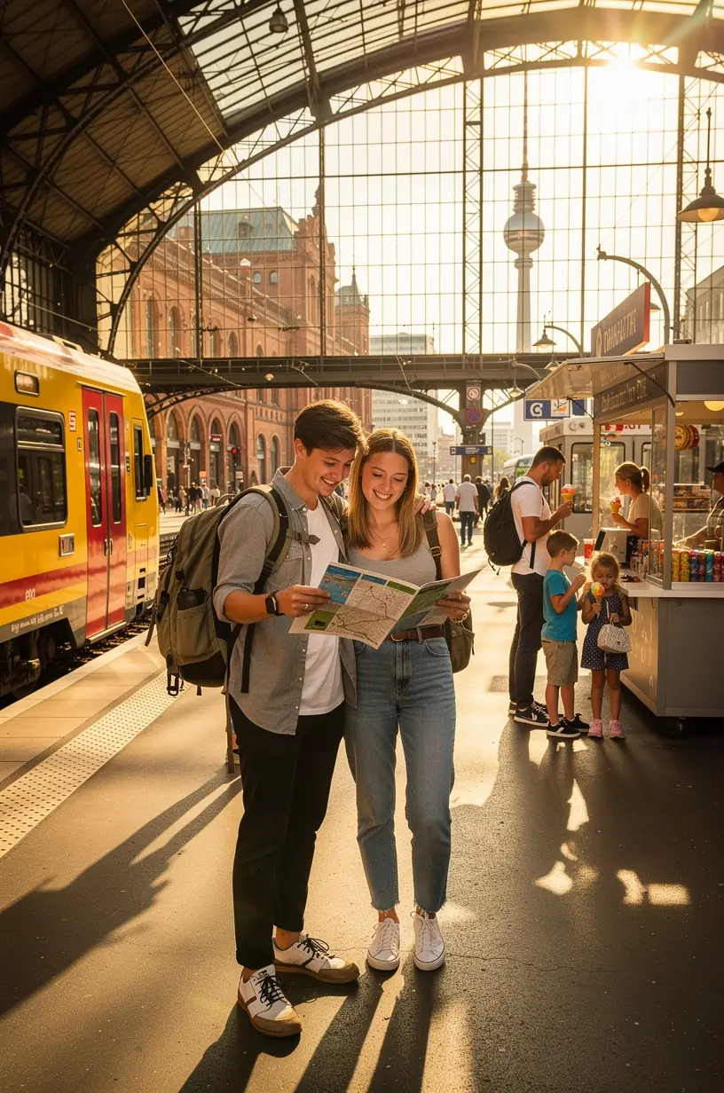 Illustration einer Route durch Deutschland mit Markierungen für preiswerte Sehenswürdigkeiten und kostenlose Attraktionen.